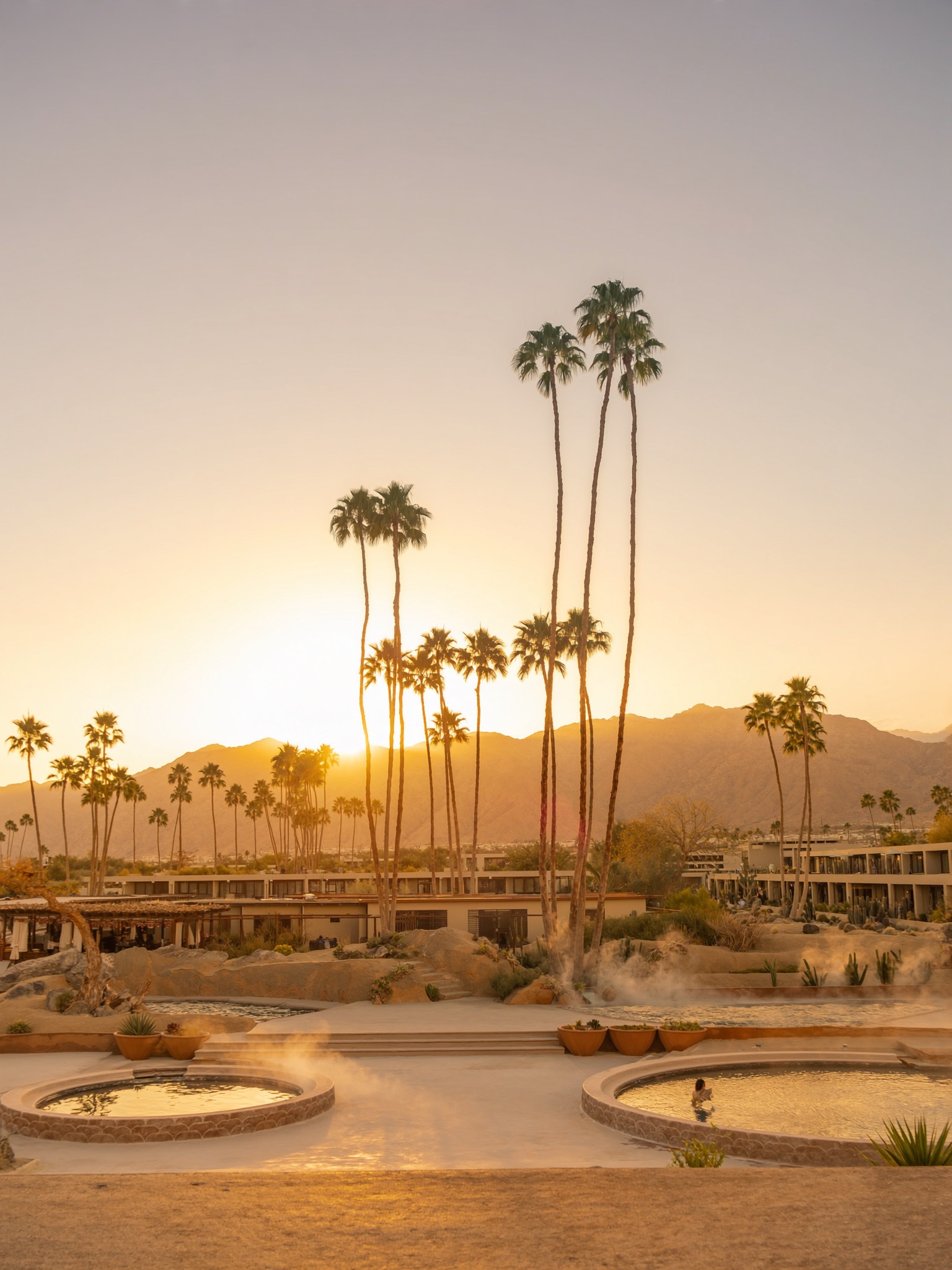 Miracle Springs Resort & Spa at golden hour with mineral soaking pools.
